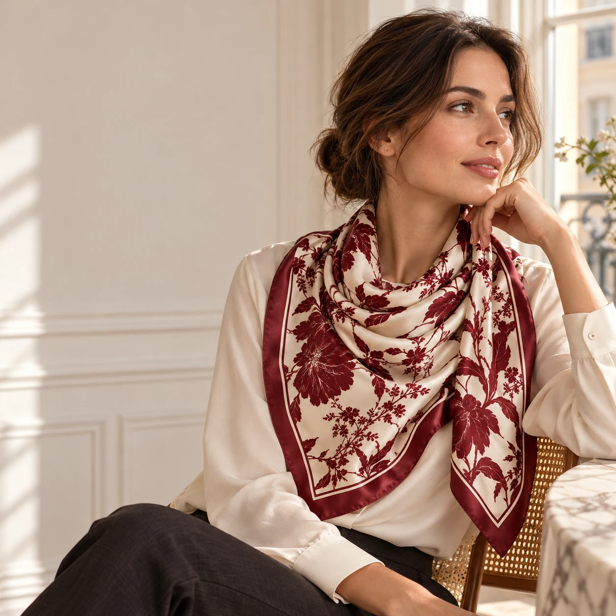 Cream and bordeaux botanical silk scarf styled with elegant tailoring