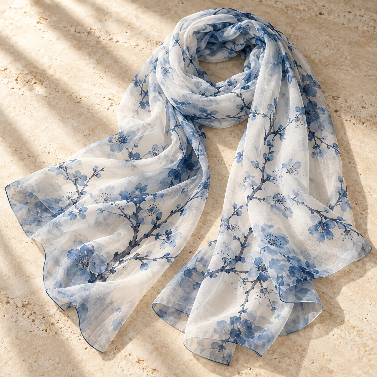 Porcelain Bloom Silk Shawl in Porcelain / Blue