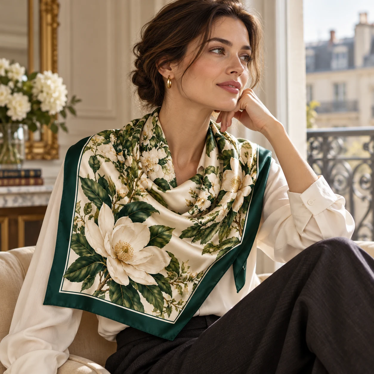 Grand Botanique silk scarf in an elegant everyday setting