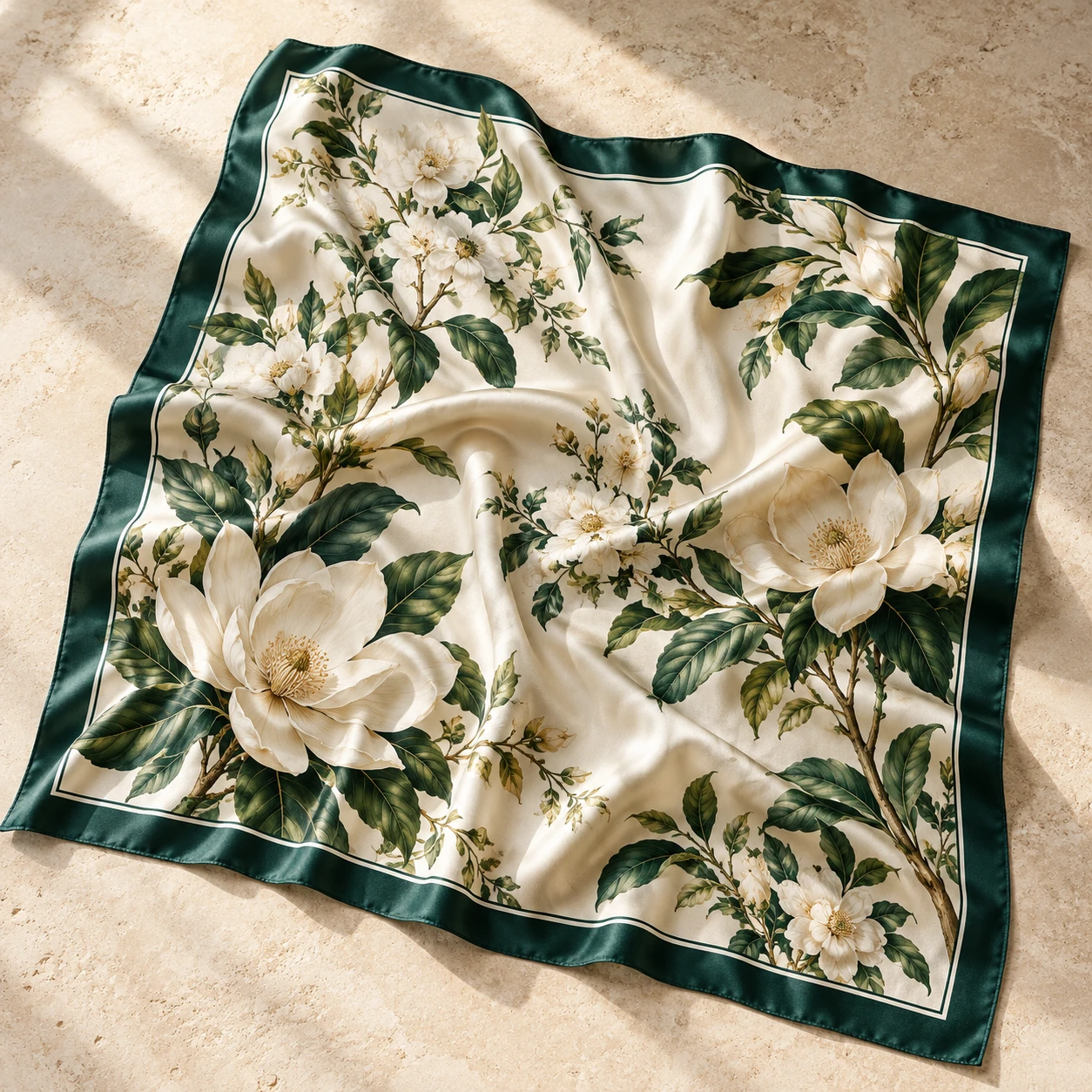 Grand Botanique Silk Scarf in Cream / Emerald